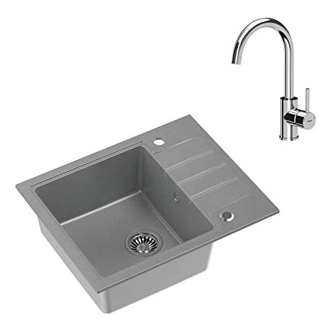 VBChome Spüle mit Armatur 62 x 50 cm Tiefes Becken 20cm Küche Abtropfflache Einbauspüle Verbundspüle ab 55er Unterschrank Küchenspüle Einzelbecken + Siphon Wasserhahn Chrom Cover
