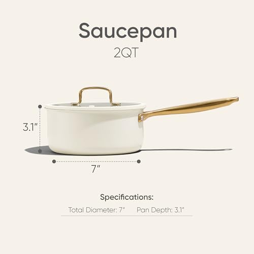 Image of CAROTE 2Qt Stainless Steel Saucepan, Non-Toxic Cookware with Lids,Outer Ceramic Layer,Small Cooking Pot, Even Heating, Fits All Stoves,Oven & Dishwasher Safe,White