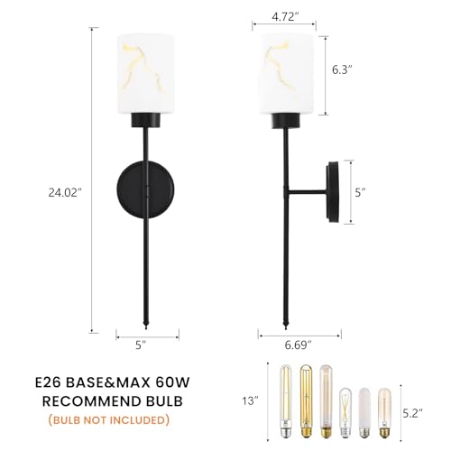 Image of Black Wall Sconces Set of 2 with Marble Glass Shade, Modern Bathroom Vanity Light Fixtures for Bedroom, Hallway, Entryway, Living Room