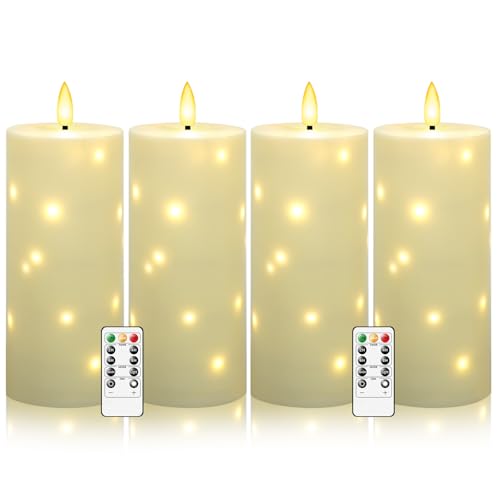 Image of kakoya 10 inch x 4 inch Large Outdoor Waterproof Flickering Flameless Candles with Timer,4Pcs Battery Operated LED Pillar Candles with Embedded Star String for Outdoor Lanterns,Porch,Patio Decor(Ivory)