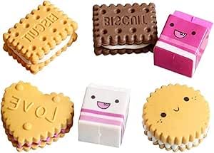 6pcs Box-Packed Eraser Set Cute Kawaii Milk Cookies Biscuit Erasers Coloured Pencil Erasers for Precise Erasing School Stationery Supplies Creative Gift for Kids Children Students