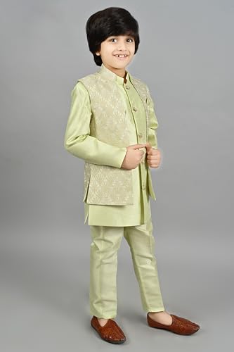AHHAAAA Kids Ethnic Silk Blend Waistcoat Kurta Pyjama Sherwani Set For Boys