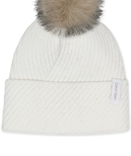 Bonnet femme Calvin Klein luxueux avec côtes diagonales et pompon doux Premium
