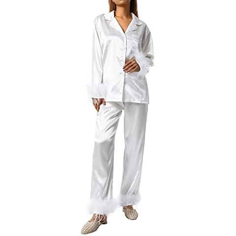 lisenraIn Women Christmas Pajama Set with Fur Long Sleeve Button Down Feather Trim Pjs 2 Piece Sleepwear Loungewear Set (White, L) Cover