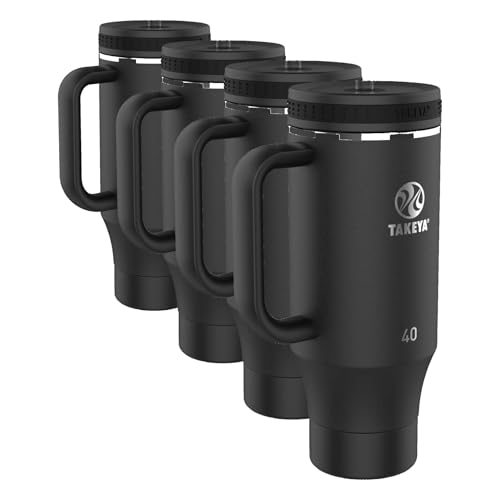 Image of Takeya 40 oz Stainless Steel Tumbler with Lid and Two Straws, Premium Quality, Double Wall Insulated, Wiith Handle, Keep Drinks Cold for Up to 24 Hours, Onyx (Pack of 4)