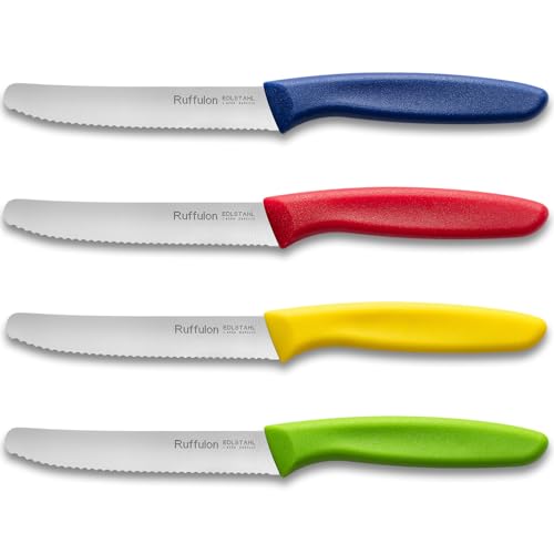 Ruffulon Frühstücksmesser 4 Stück, Tafelmesser mit Wellenschliff,Messerset Scharfe,Mehrfarbig Tomatenmesser,Kunststoffgriff Besteck Messer...
