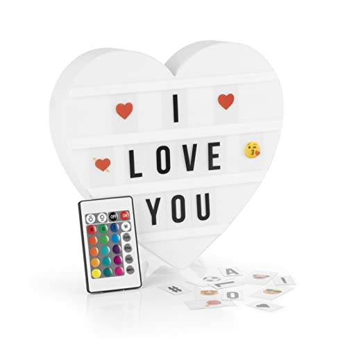 EASYmaxx Caixa de luz LED para mensagens de texto personalizadas | Mega Set com 150 emojis de cores e 173 letras, números e símbolos intercambiáveis [coração]