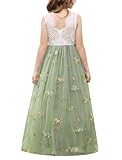 EFOGEP Vestido de encaje elegante sin mangas para niña, con espalda en V, tul, fiesta, maxi vestido para niña, boda, dama de honor, primera comunión, cumpleaños, princesa, Verde y bordado, 12-13 años