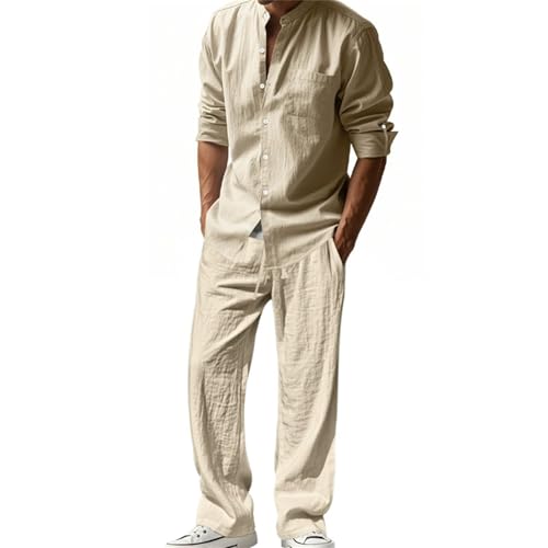 Mens Linen Sets Casual Buttons Long Sleeve Solid Spread Collar Summer Beach Shirts and Pants with Pocket4