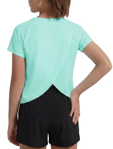 Image of EXARUS Girls Athletic Shirts Quick Dry Workout Split Back Crop Tops 6-14Y | Tween Athletic Sports Soccer Activewear Gym Running Dri Fit Teen Tennis Performance Hiking Short Sleeve Tees Kids 6-14Y