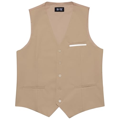 Image of Hi-Tie Men's Formal Suit Vest Solid Fit Vest for Men 3 Pockets V Neck Waistcoat Business Wedding Casual