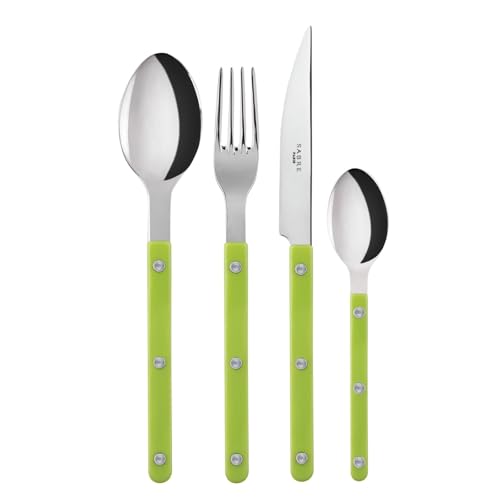 Sabre Paris | Ensemble de Couverts de Table 4 pièces Bistrot, Couleur Lime et Finition Brillante. Comprend Couteau, Fourchette, cuillère à Soupe et Petite...
