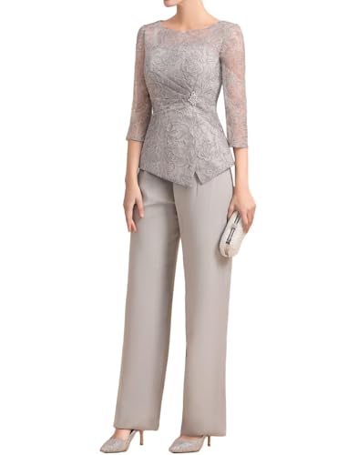 2 Pieces Mother of The Bride Groom Dresses Pant Suits for Women Dressy Wedding Guest Chiffon Lace Formal Evening Outfit3
