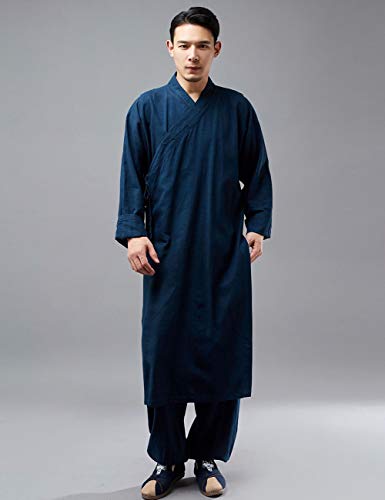 Men's Cotton Linen Kung Fu Robe Meditation Long Gown Suit Overcoat Casual Kaftan Martial Arts Uniform3