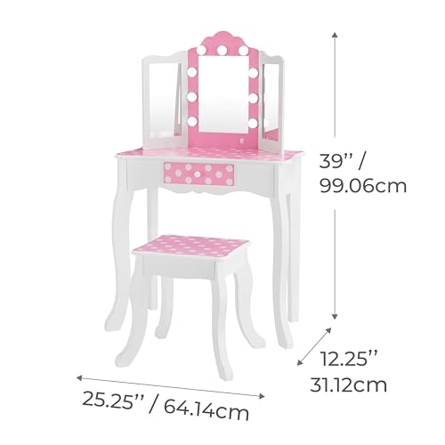 Image of Teamson Kids - Fashion Polka Dot Prints Gisele Play Vanity Set with LED Lights - Pink /White | For Girls, Makeup Table with Stool and Drawer, Pretend Beauty Toy Furniture, For Toddlers and Children