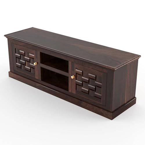 Image of Wooden TV Unit for Living Room | TV Cabinet with Storage Doors & Shelf | TV Stand Wooden | Entertainment Unit Furniture | TV Console Table | Walnut Finish