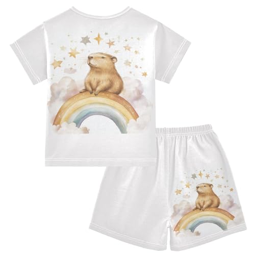 Rainbow Stars Watercolor White Pajama Set Short Sleeve Summer Pajamas Sleepwear Nightwear Set Cotton 5Y2