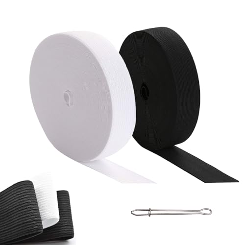 2 Rolls Elastic Bands for Sewing High Elasticity Knit Elastic Bands Thickness 1mm Width 1 inch Length 5.5 Yards/roll with 1 Sewing Clip for Clothes Pants Crafts DIY(White and Black)