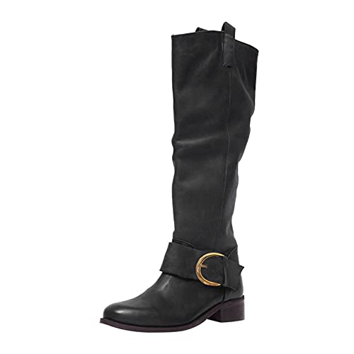 Stivali da equitazione da donna, alla moda, alti al ginocchio, con tacco spesso, in pelle, stivali con tacco alto e largo, Nero , 39.5 EU