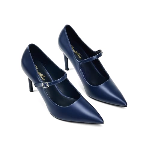 GENSHUO Women Mary Jane Pumps High Heels Pointed Closed Toe Stiletto with Strap Comfortable Vintage 3.2 Inch Office Wedding Dance Party Dress Shoes3