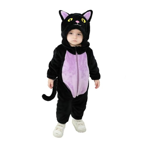 Qianderer Toddler Baby Black Cat Costume Hooded Jumpsuit Zipper Snowsuit Infant Boy Girl Halloween Costumes Fuzzy Warm Winter Clothes (Ba Purple 3-4T)