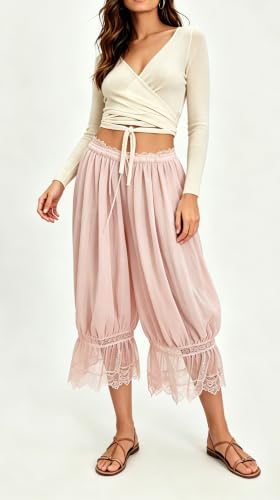 Image of UAURORAO Women Lace Trim Bloomer Pants Flowy Culottes Pantaloons Bloomers
