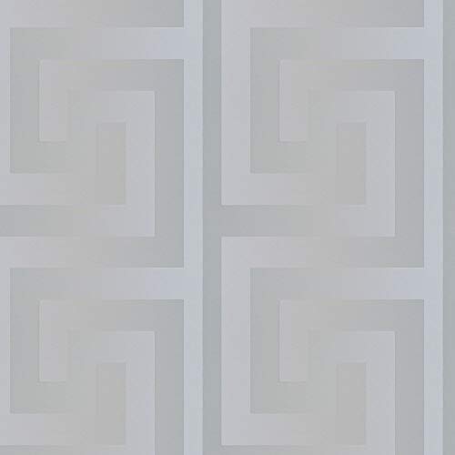 Image of Versace 'Greek Key' Designer Luxury Satin Wallpaper in Grey / Silver Full Roll