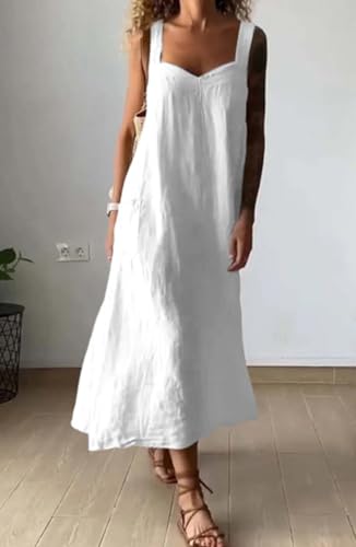 Image of chouyatou Women's Summer Spaghetti Strap Sleeveless Linen Overall Dress Casual A-Line Midi Long Beach Dress