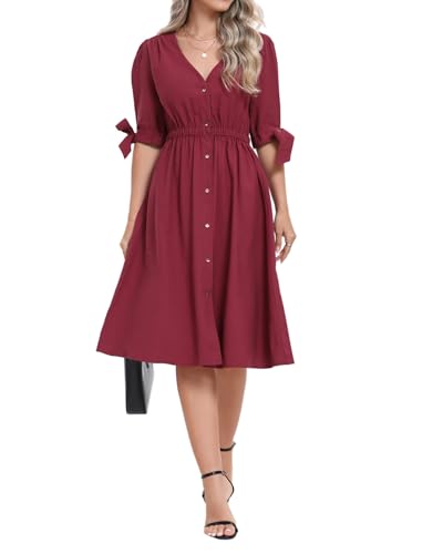 Image of Women Linen Rayon Blend Midi V Neck Button Front Elastic Waist Puff Sleeve Tie Casual Summer Dress