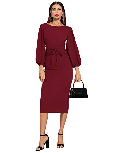 Floerns Women's Lantern Sleeve Tie Waist Midi Office Dress Burgundy L