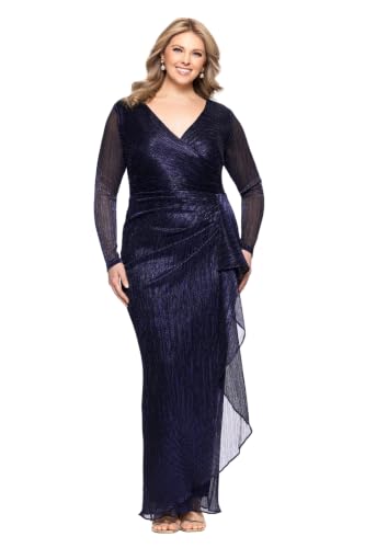 Image of Betsy & Adam Women's Plus Size Long Sheer Sleeve V-Neck Galaxy Side Ruffle Long Dress, NAV /Roy, 18W
