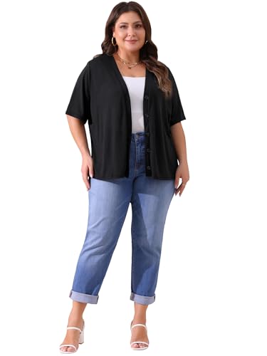 Image of Agnes Orinda Plus Size Cardigan for Women Button Down Sheer Round Neck Short Sleeve Knitted Sweater