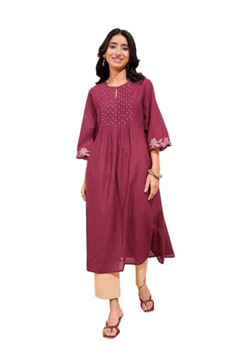 Image of Taneira Women Cotton Embroidered Dark Pink Kurta for Women (KUAM66DPM-Dark Pink-M)