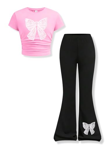 Image of Girls Clothes 2 Piece Short Sleeve Lace Bow Print Tops Flared Pants Set Little Girl Outfits Size 7-14