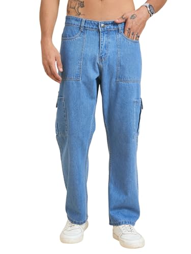 Image of STUDIO NEXX Men's Baggy fit Denim Cargo Pants |Non Stretchable| Wide Leg Jeans| Cargo Jeans|Baggy Cargos for Men