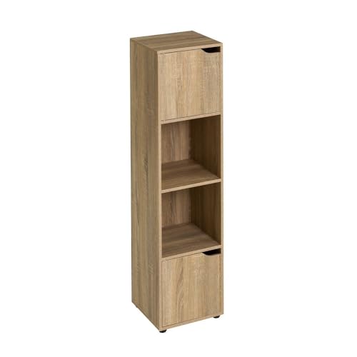 Estantería de Madera, Librería con Puertas y Compartimentos Abiertos, Mueble almacenaje, Organizador, en Color Natural de 120x30x29 cm para para Estudio, Dormitorio, Salon, Oficina y Bilbioteca