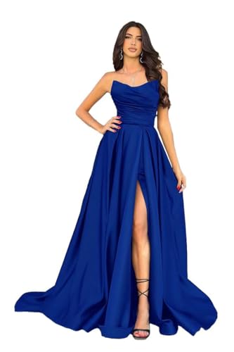 Tube Mermaid Prom Dresses 2023 with Slit Strapless Satin Pleated A-Line Prom Formal Evening Dresses with Train4