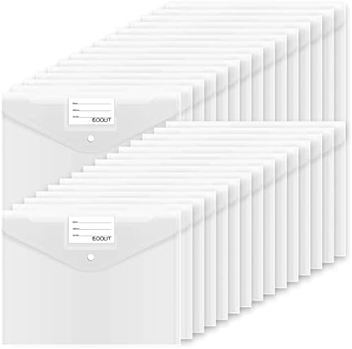 EOOUT 30pcs Plastic Envelopes, Clear Envelopes with Snap Closure, Document Folders Letter Size A4 Size File Envelopes with Label Pocket for School Home Work Office Organization