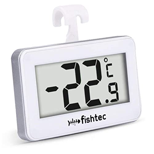FISHTEC Thermomètre de Frigo Electronique - Triple système d'accroche : crochet, support, magnétique. Sonde intégrée - Température Positive et Négative - Degrés Celsius et Fahrenheit  (Blanc)