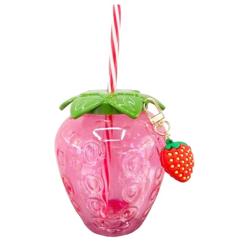 Aomhrek Copa de Pajita de Fresa, Vaso de Agua de Plástico de 500 ML, Vaso Reutilizable Para Agua Fría, Taza Bonita Con Tapa