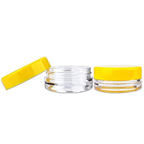 Beauticom 3g/3ml (0.1 Fl Oz) Round Clear Plastic Jars with Round Top Lids for Creams, Lotions, Make Up, Powders, Glitters, and more. (Color: Yellow Lid Quantity: 50 Pieces)