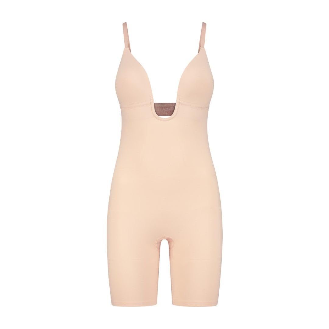 Bye Bra Body escultor en V profundo, bordes cortados con láser, correas de silicona, copas sin varillas, faja moldeadora para mujer, cintura media, colección escultora, beige/negro, S-XXL