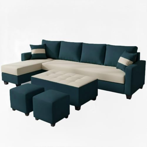 Image of CASASTYLE Adonway 8 Seater Fabric LHS L Shape Sofa Set (Cream-Greenish Teal) Premium Velvet Finish | Ideal for Living Rooms