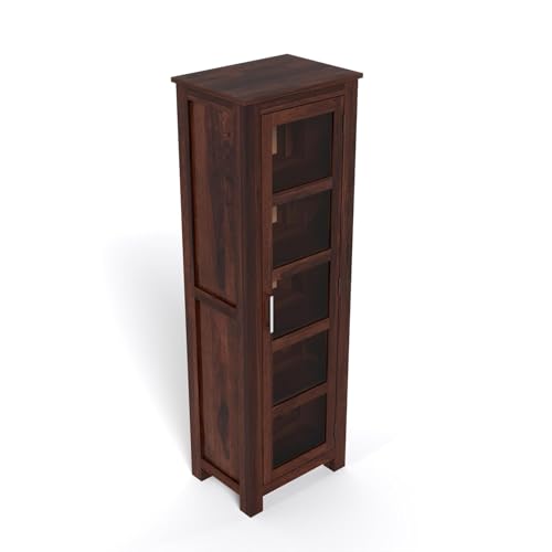 Image of SUNCOM Solid Sheesham Wood Book Shelf - Showcase Glass Door Crockery Storage Unit Or Bookcase, 5-Shelf Wooden Book Rack, Display Cabinet Furniture for Home, Kitchen & Library Areas (Walnut Finish)