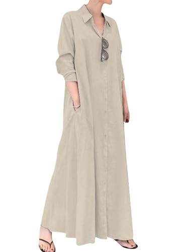 YINGLOP Womens Long Sleeve Cotton Linen Maxi Dresses Button Down Shirt Long Maxi Dress A-line Plain Dress with Pockets Apricot 2XL