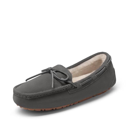 DREAM PAIRS Women's House Slippers Indoor Outdoor Moccasin Fuzzy Fluffy Furry Loafers Suede Leather Warm Shoes 7 Grey