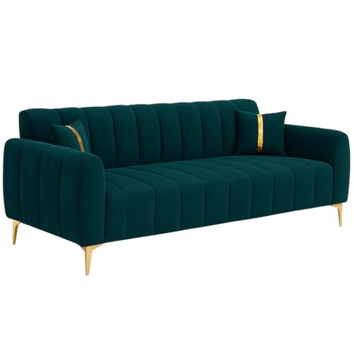 Image of FURNY Harmony 3 Seater Velvet Fabric Sofa Set (Greenish Teal) with Golden Finish Legs | Durable & Comfortable | Ideal for Living Room