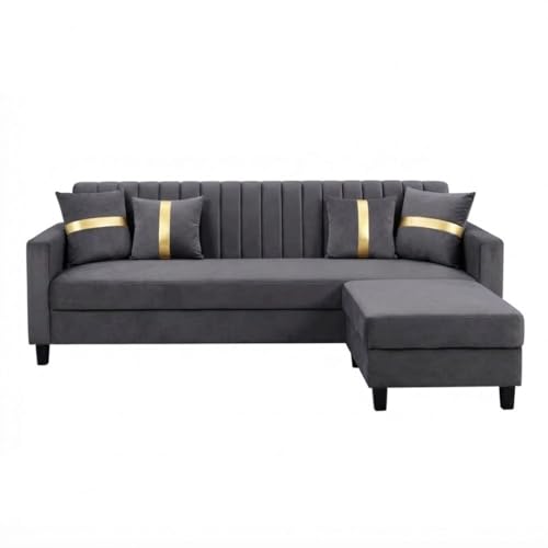 Image of CASASTYLE Korion 4 Seater L Shape Sofa Set with Movable Ottoman | Flexible Left or Right Layout | Cozy Velvet Fabric | Soft Touch Seating | Modern Designer Sofa for Living Room (Dark Grey)