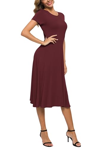 Image of EXCHIC Women's Casual Round Neck Short Sleeve Midi Dress Solid Stretchy Waist Knee Long Dress