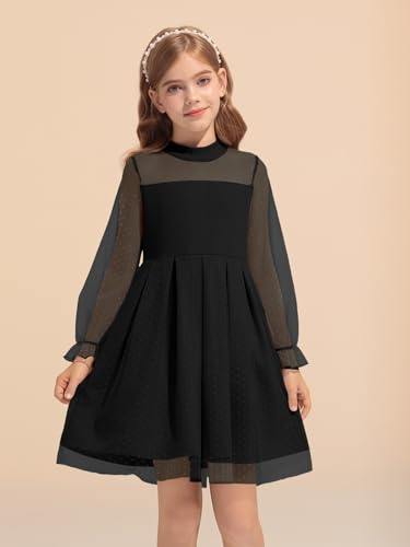 Haloumoning Girls Contrast Mesh Puff Long Sleeve Dresses Mock Neck Formal Party A Line Short Tulle Dress 5-14 Years2